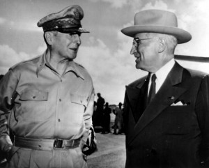 10/50 - - General of the Army Douglas MacArthur and his first meeting with President Harry S. Truman on Wake Island in October 1950. President Truman forced MacArthur to relinquish all commands in April 1951. - Credit AP